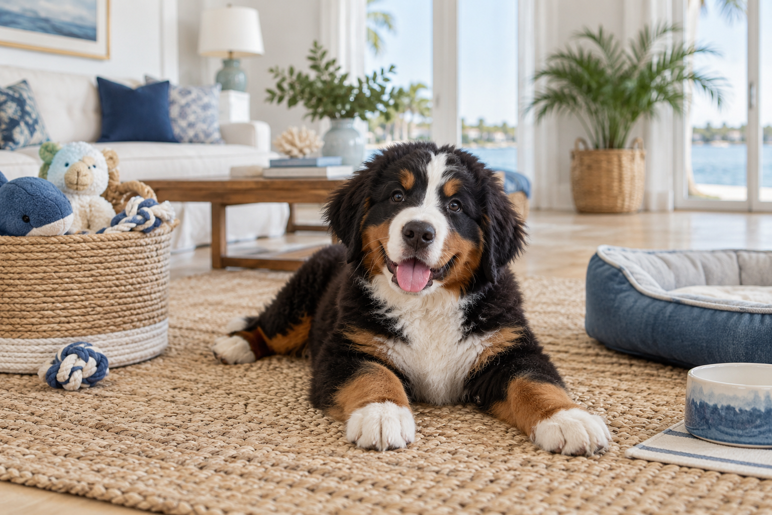 Bernese Mountain Dog puppy in an airy coastal living room