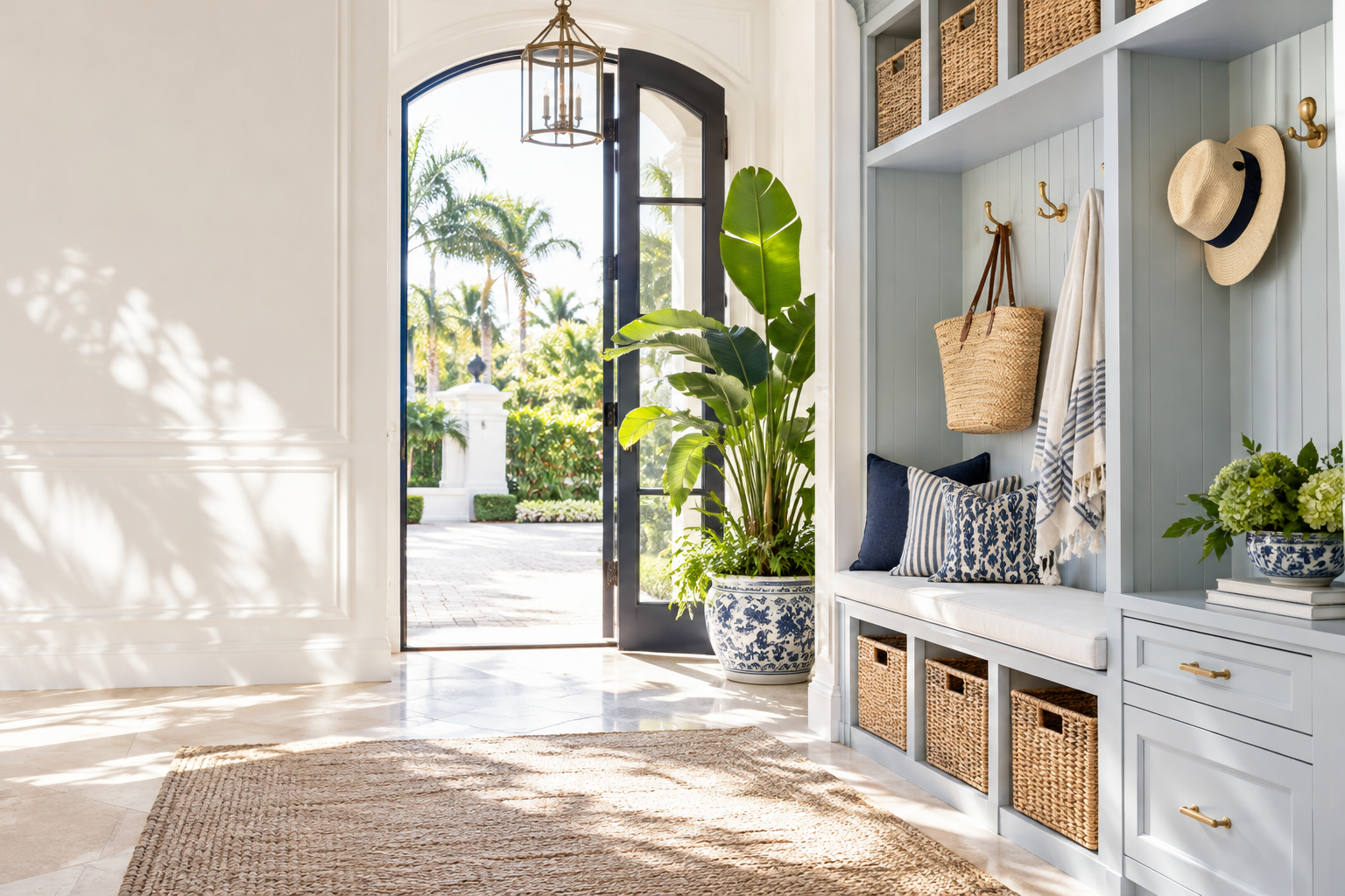 Sunlit Florida entry with pale blue built-ins and organized baskets